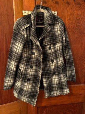 Betsey Johnson Black & White Plaid Double-Breasted Peacoat